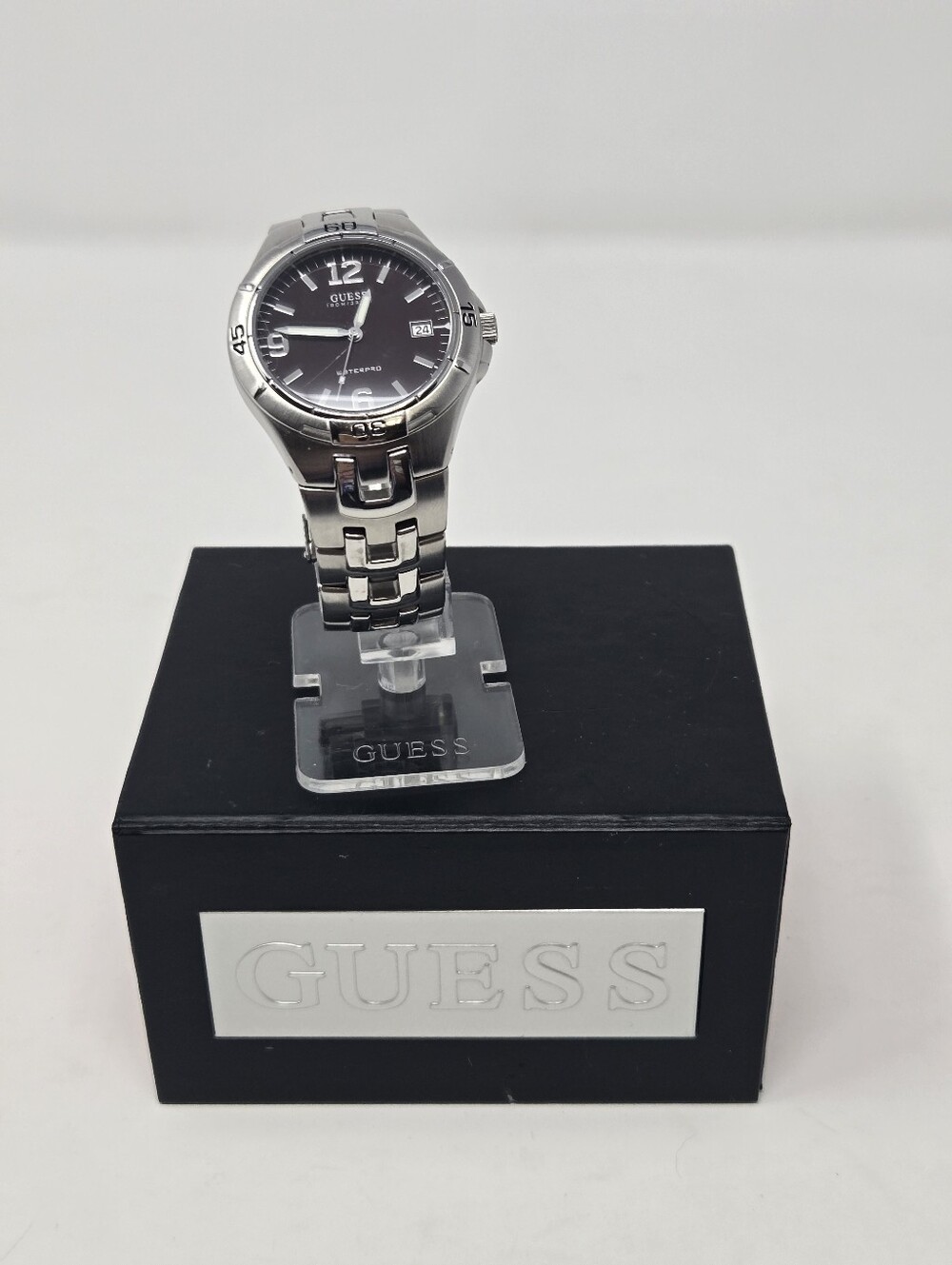 VINTAGE GUESS WATERPRO WATCH STAINLESS STEEL SILVER LINK MEN OS WITH BOX 1990S